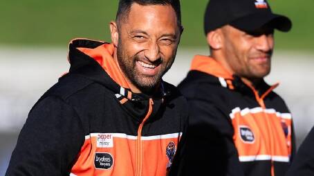 It's all smiles in the Tigers camp after Benji Marshall's debut NRL coaching win over Cronulla. (Mark Evans/AAP PHOTOS)