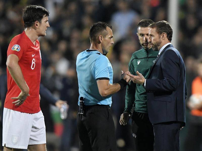 England boss Gareth Southgate (r) addresses referee Ivan Bebek about the racist chanting.