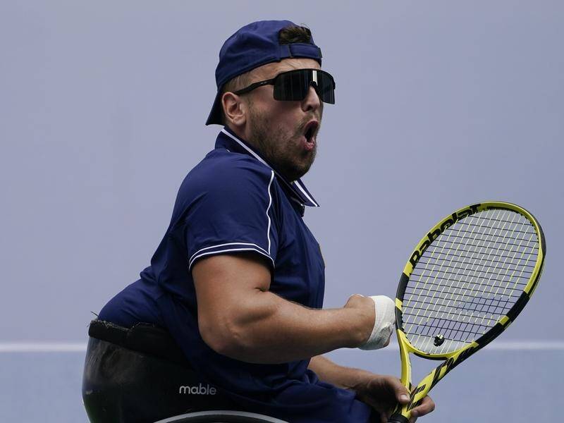Australan Dylan Alcott acclaims a winner during his US Open final triumph over Niels Vink.