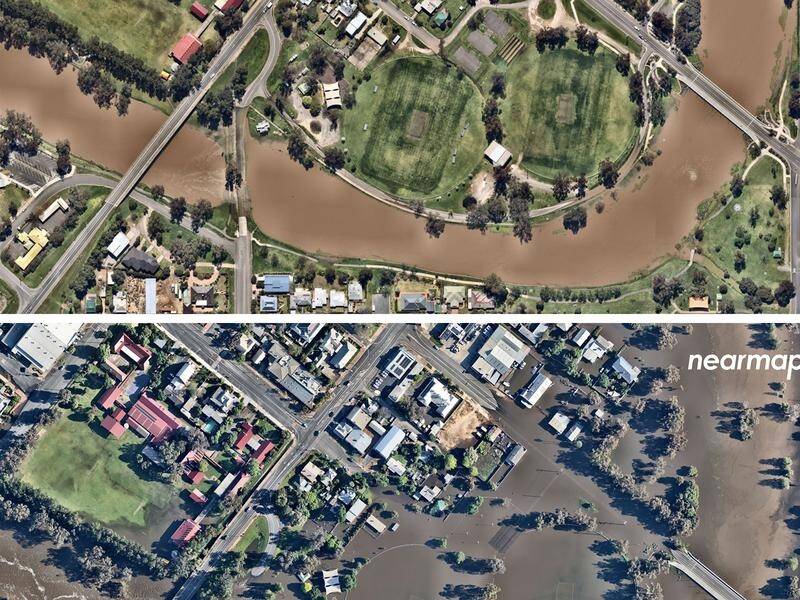 A diptych of two aerial images shows the Lachlan River flooding in Forbes, NSW. (PR HANDOUT IMAGE PHOTO)