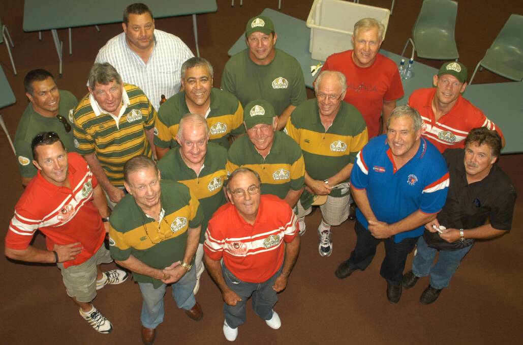  LEGEND: Paul Quinn (in the green and gold strips) with fellow rugby league legends at the Centenary Cup clash in 2008. Photo: AMY FINDLAY.