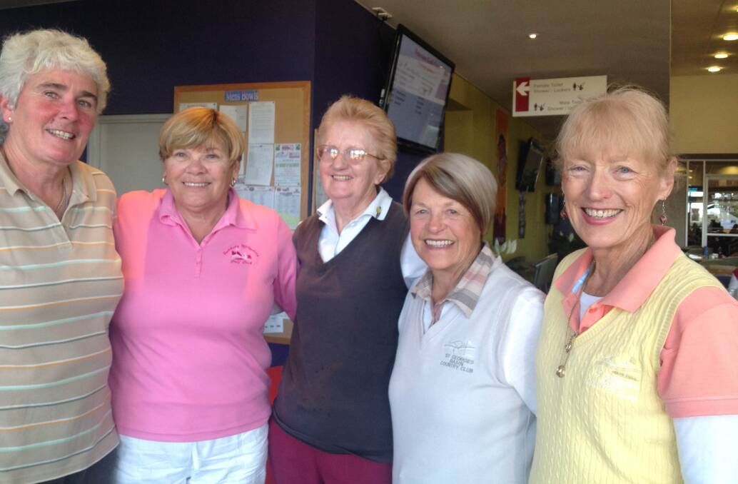 HAPPY FACES: Captain Liz, Pat Hutching, Jan Wong, Yvonne Potts and President Lesley in the clubhouse last week. 
