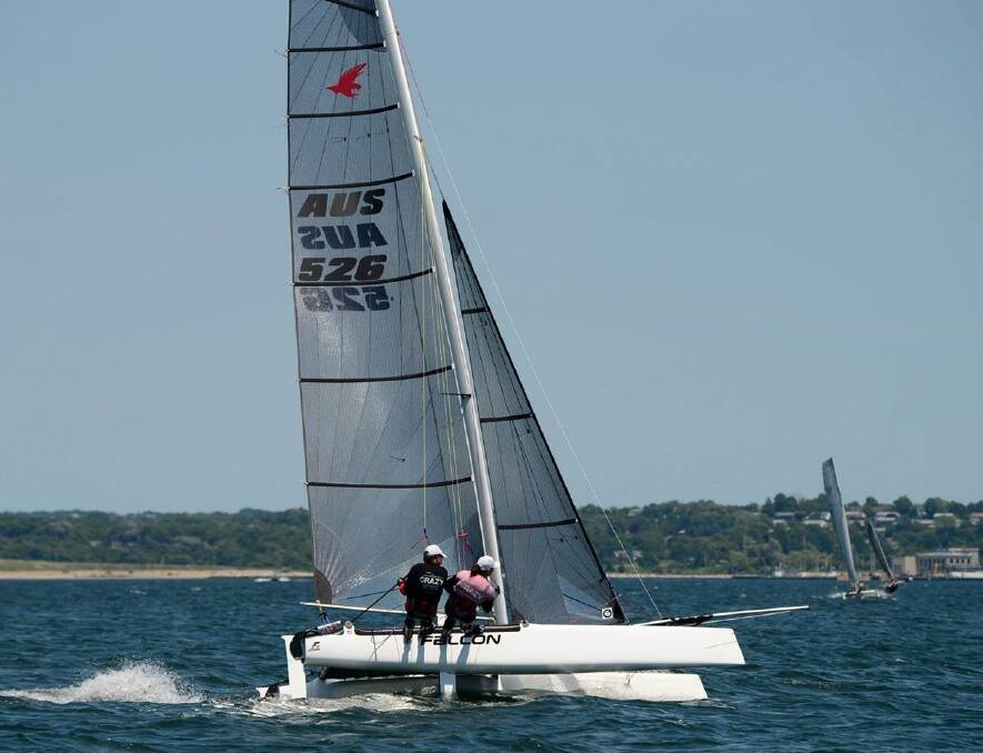 GREAT PARTNERSHIP: Adrian Fawcett and Jesse Dobie on the water during the Formula 16 Catamaran World Championships in Newport. Photo: DAFNA BROWN 