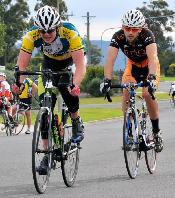 IN PURSUIT: Levi Johns and Tristan Ward chase the win at the Nowra Velo Club’s 53 kilometre handicap event on Sunday. 
