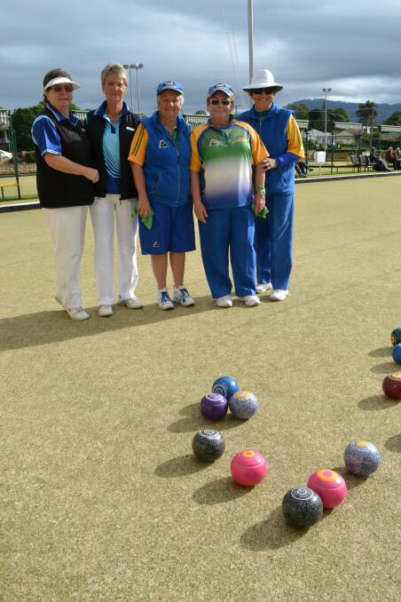 BOWLS ACTION: Kerri Leask, Laureen Smith, Cheryl Gillard, Jan Rolph and Betty Herbertson at the State Lawn Bowls Carnival at Bomaderry Bowling Club. 