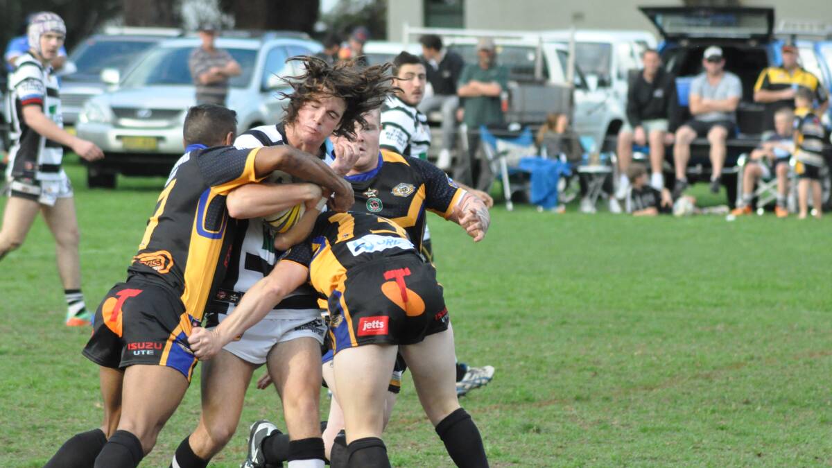 HARD HITTING: Berry Magpies winger Rory McCall runs into the Jets defenders on Saturday.   