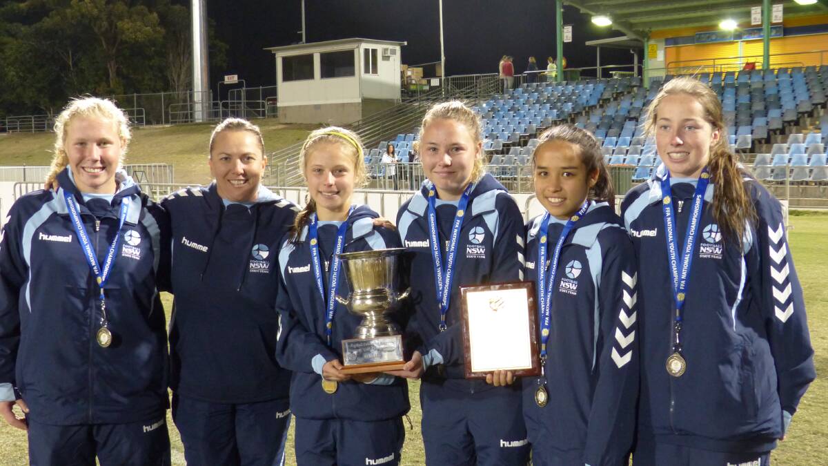 NATIONAL CHAMPIONS: Rhianna Brown (vice captain), Jen Todd (coach) Lani Johnson, Shanae Webster, Pim Polhill and Brittany Anderson are the Southern Branch girls who represent in successful NSW u15 Country team. 