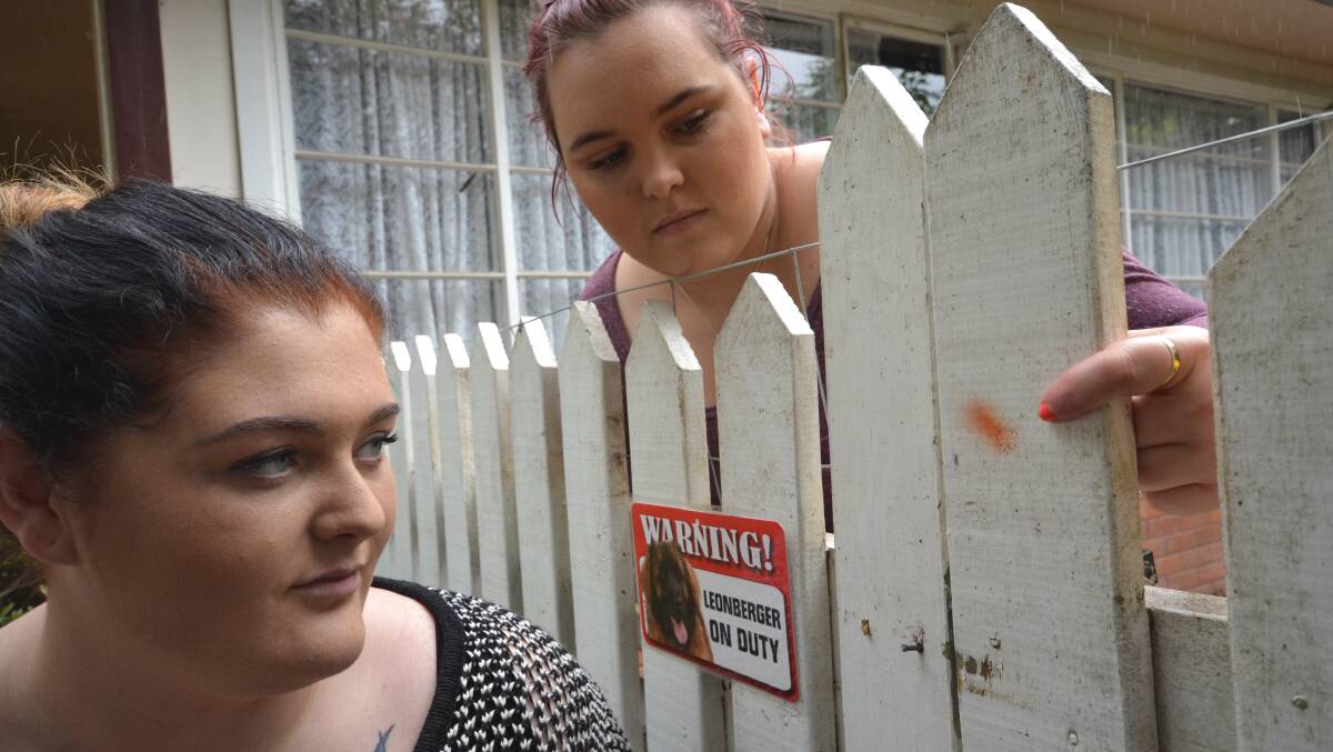 Sarah Hynds and Tamara Jenkins found orange paint on their fence after one of their dogs was taken from their yard in Bomaderry on Saturday night.
