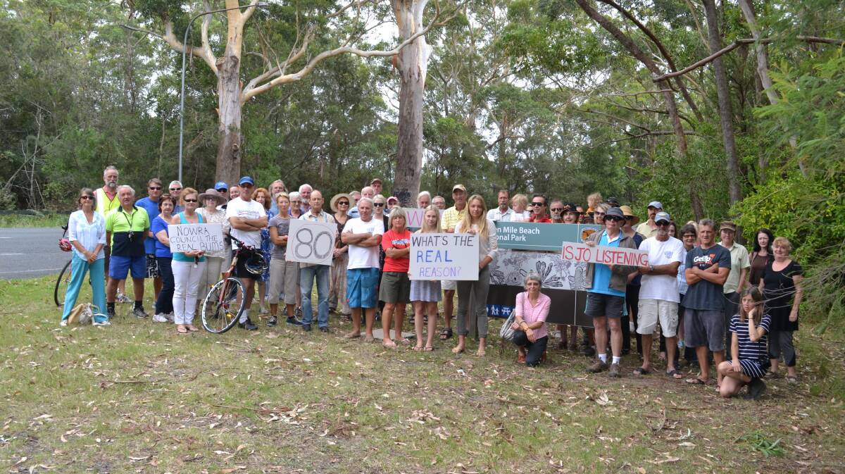 Protesters call for a rethink of Shoalhaven City Council's road widening plans that would see the removal of the famous Bum Tree.