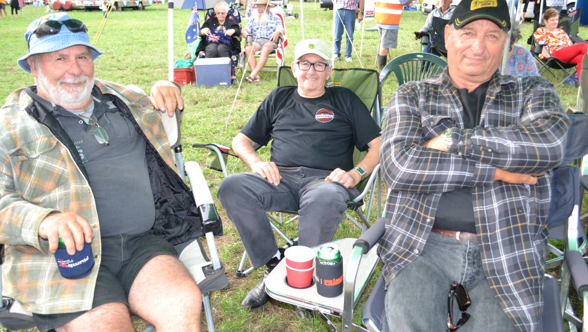 Bob Denny from Callala, Richard McGee and John Beckett from Nowra listen to some fabulous tunes and catch up at the Terara Country Music Campout on Saturday.