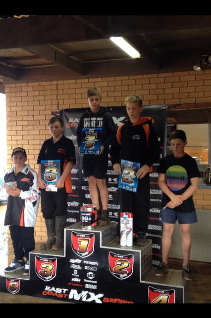 PACKED PODIUM: The podium from round two of the East Coast Series nine to 12 years 85cc is (from left) Simon Harris (fifth placegetter), Jesse Pearse-Smith (third placegetter), Reegan Duffy (first placegetter), Dante Hyam (second placegetter) and Caleb Clifton (fourth placegetter).