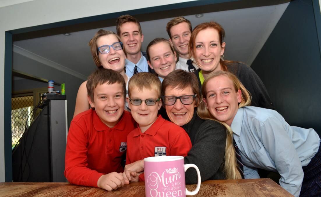 MUM’S THE WORD: Kim Waiter never knows what her 10 children Samantha, Molly, Angus, Fearghus, Siobhan, Ruari, Ethan and Robert (absent Alexandria and Hamish) have planned for her on Mother’s Day. 