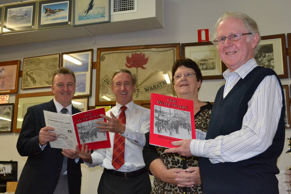 COO-EE: Chairman of the Shoalhaven Anzac Centenary Committee Rick Meehan, Waratah March Re-Enactment Committee chairman Clyde Poulton and Shoalhaven Historical Society life members Robin Florance and Alan Clark are trying to organise a re-enactment of the famous 1915 South Coast recruitment drive.  