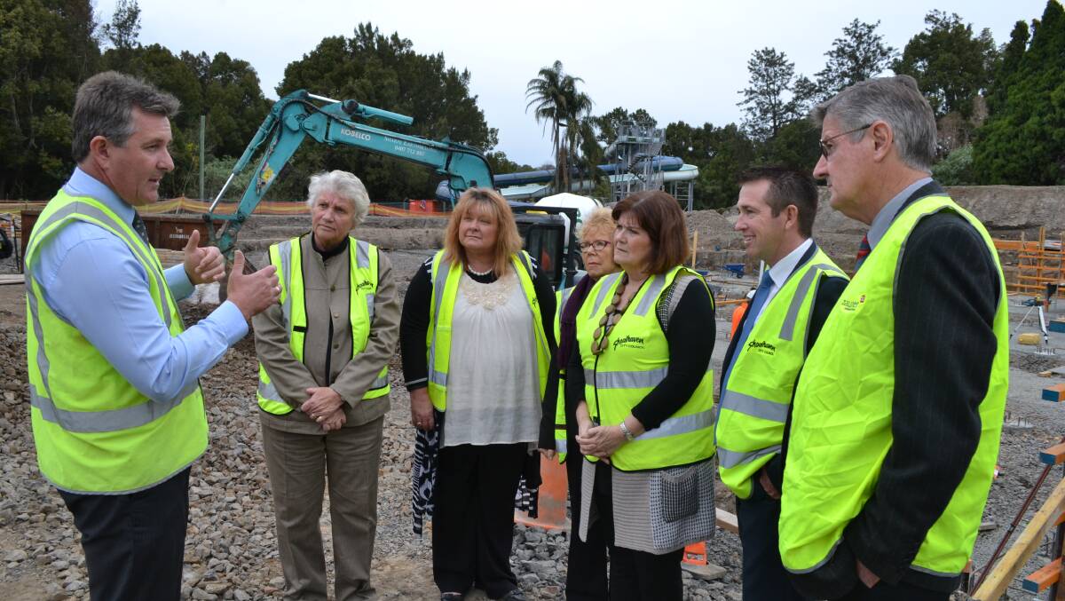Shoalhaven City Council’s project manager Gary George explains the progress of the Nowra Pool upgrade to Shoalhaven Mayor Joanna Gash, Cr Patricia White, Cr Lynn Kearney, Member for South Coast Shelley Hancock, Local Government Minister Paul Toole and Cr Allan Baptist.