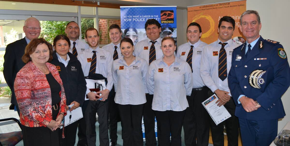 NSW Police Commissioner Andrew Scipione, Member for Kiama Gareth Ward and TAFE Illawarra’s Institute Director Dianne Murray with the latest graduates of the Indigenous Police Recruitment Our Way Delivery (IPROWD) Training Program (back row from left) Mitchell Campbell, Lachlan Watts, Darren Wellington, Korey Studman, Tom Matthews. Front: Nikitah Wilson, Steven Poole, Alicia Libbis and Tamika Clarke. Kirren Roughley was absent.