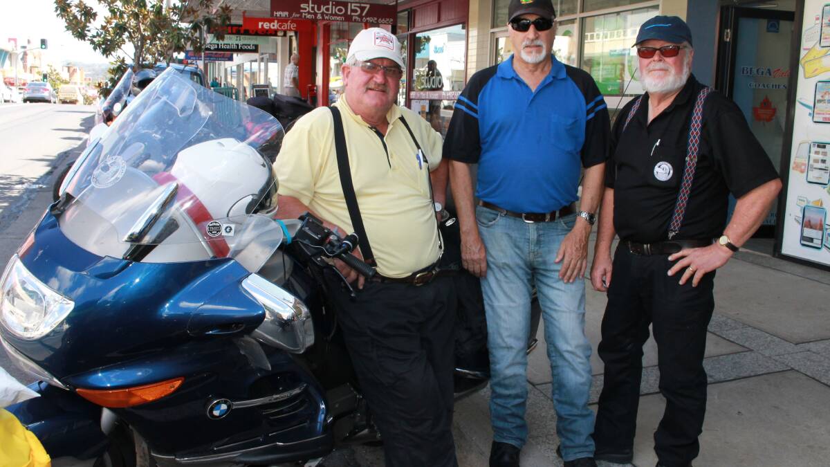 
BEGA: Members of the Ulysses Motorcycle Club’s Tamar Tourers (from left) Tony Benneworth, Barry Millwood and Peter Harvey stop at Bega for lunch on a NSW tour.
