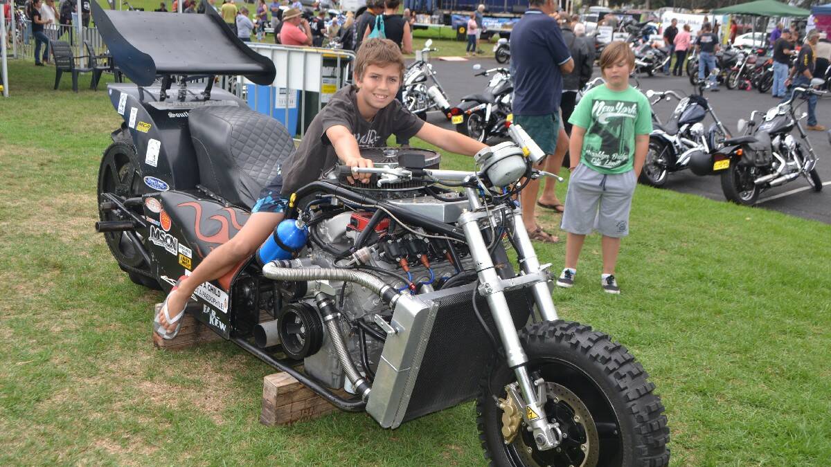 BERMAGUI: On the Mongrel Racing V8 Dirt Drag Team's massive dirt drag bike is Jacob Ohlson of Narooma at the third annual CRABs (Cancer Research Advocate Bikers) Bermagui Bike Show on Saturday. 