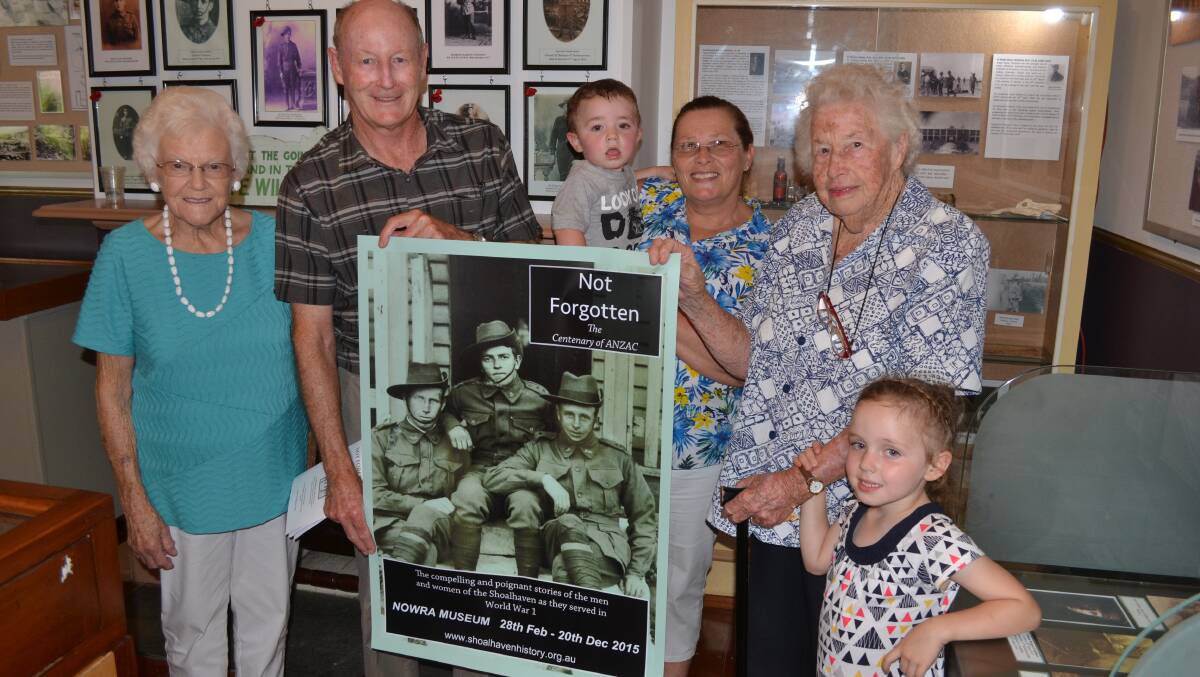 MEMORY LANE: Nancy Coulthart, David Wright, Alison Nevill holding George Griffith, Betty Winston (nee Coulthart) and Isla Griffith remember their ancestor William Burgess Coulthart’s war stories at the Centenary of Anzac 2015 Not Forgotten exhibition at Nowra Museum.