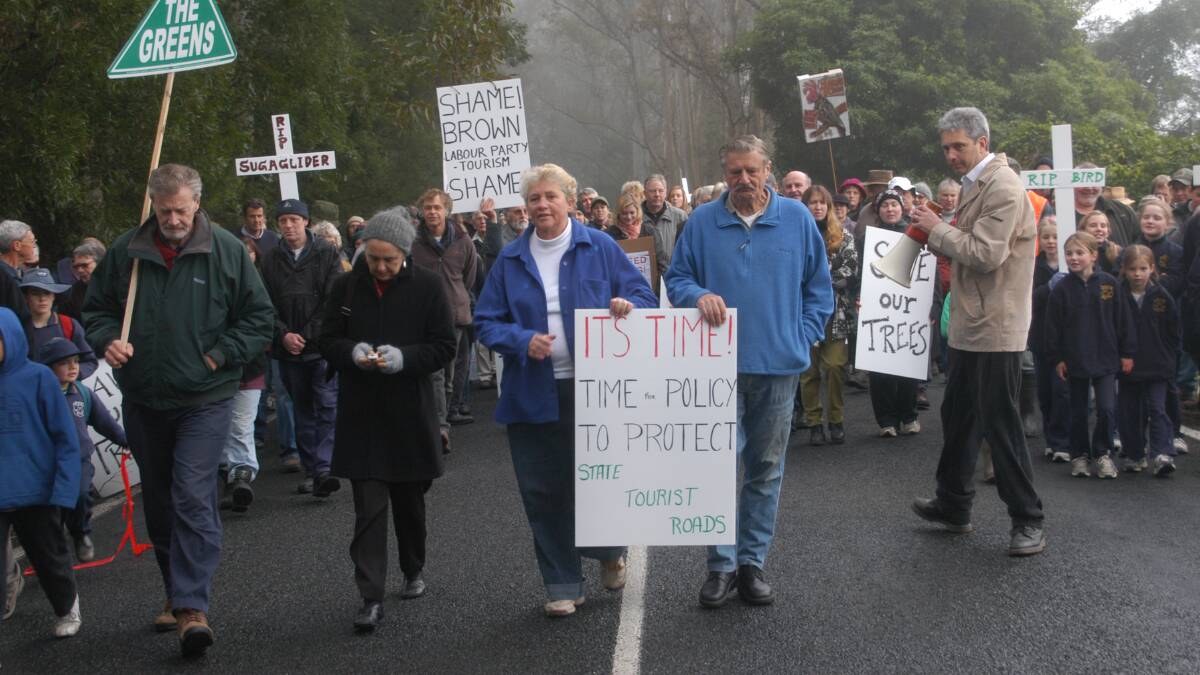 PROTESTER: Then Gilmore MP Joanna Gash leads the protest march against roadside tree clearing in 2007.