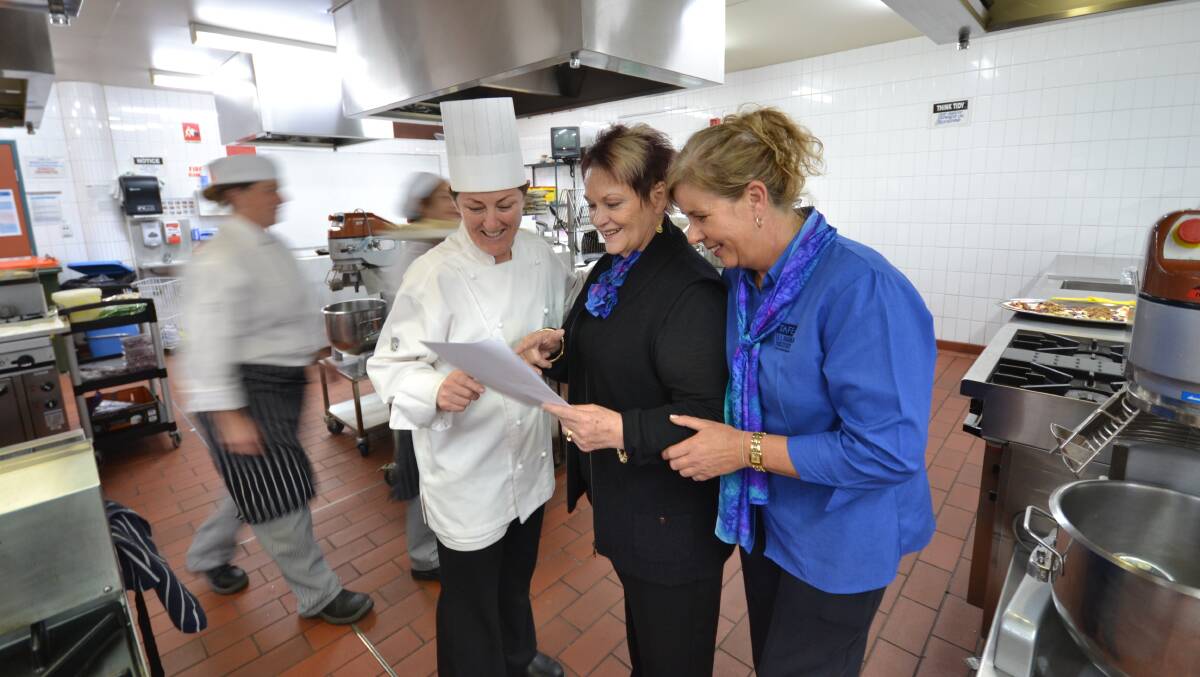 TEAMWORK: Some of the team who help put the celebrity chef dinner together – teacher Jo Brumfield, Tourism and Hospitality head teacher Di Laver and preparation assistant Helen Mairinger in the commercial kitchen. It was an extra special dinner for Mrs Laver as it will be her last. She will be retiring later this year. 