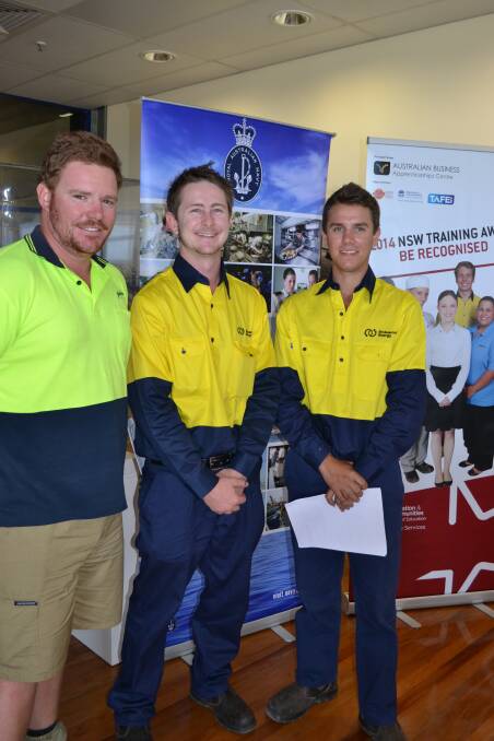 HOPEFULS: The 2014 Apprentice of the Year nominees Blake Aitken from the Shoalhaven City Council, Grant Morris and Justin Desousa from Endeavor Energy could not keep the smile from their faces at the Illawarra and South East NSW Training Awards regional launch at the Fleet, Air, Arm Museum on Friday.