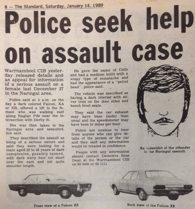 The Standard's original report of the sexual assault on January 14, 1989, including an artist's impression of the suspect and photos of the possible vehicle.