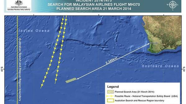 This Friday, March 21, 2014 graphic provided by Australian Maritime Safety Authority (AMSA), shows an area in the southern Indian Ocean that the AMSA is concentrating its search for the missing Malaysia Airlines Flight MH370 on. Planes are flying out of Australia again to search for two objects detected by satellite that may be debris from a missing Malaysian Airlines jetliner. Image from Australian Maritime Safety Authority Photo: Supplied 