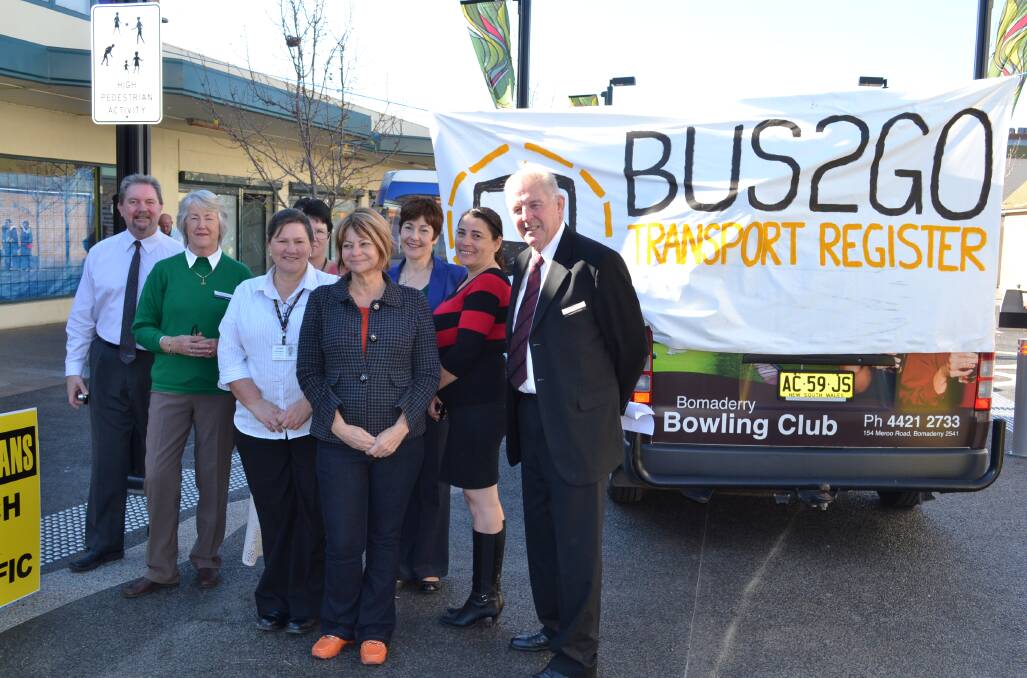 BUS2GO: Bay and Basin Bendigo Bank branch manager Keith Robinson, director Veronica Husted, Shoalhaven City Council community development officer Karen Denny, community development officer and Shoalhaven Transport Register co-ordinator Kate Thomas, Cullunghutti Aboriginal Child and Family Centre manager Cindy Holmes, Bendigo Bank chairman Noel Burke, Smith Family partnership broker Lynelle Johnson and Shoalhaven Community Transport Service representative Leonie Dippel launch the Shoalhaven Transport Register in Junction Court on Friday.