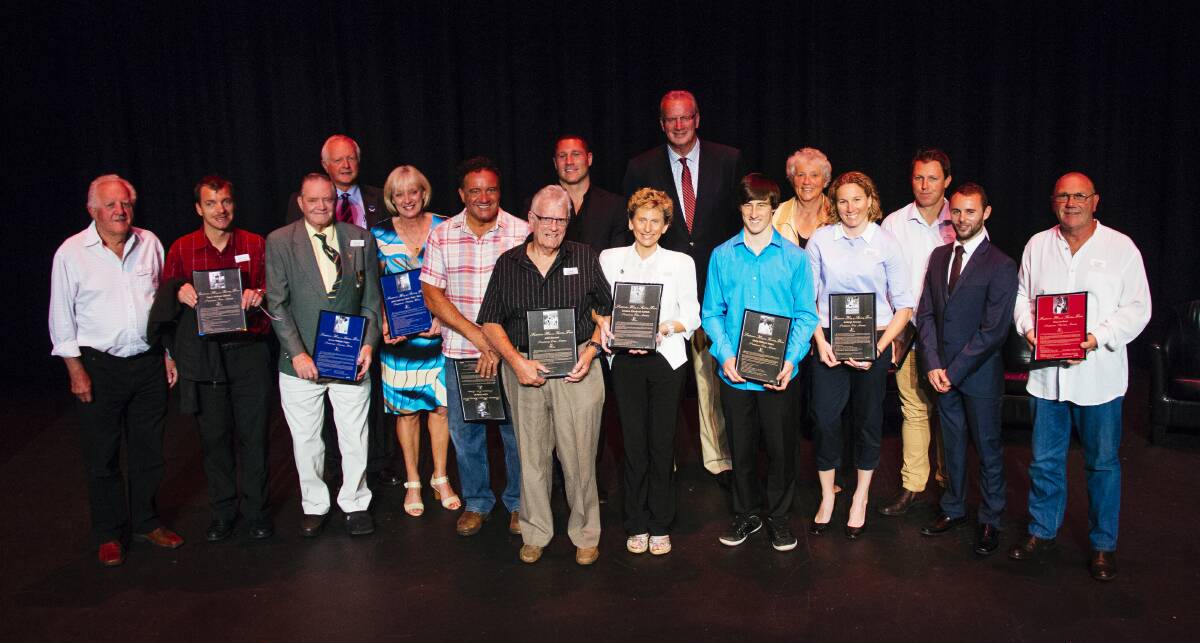 LEGENDS: The latest Shoalhaven Hall of Sporting Fame inductees were announced on Friday evening with (from left) Shoalhaven Sports Board chairperson David Goodman, Peter Gilford, Bruce Fagan, master of ceremonies Cr Clive Robertson, Sue Buckley representing Toby Bice, Tony Federici representing Adam Federici, John McLean, Luke O’Donnell, Cristine Suffolk, Phil Lynch, Blake Nolan, Shoalhaven Mayor Joanna Gash, Ashleigh Hewson, Josh Sanders, special guest Paralympian Scott Reardon and Steve White representing greyhound Paua to Burn.