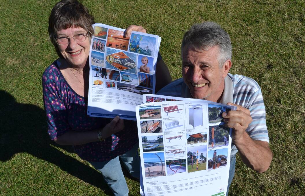 BIG PLANS: Shoalhaven Heads Community Forum publicity officer Anne-Louise O’Connor and president Laurie Talbot show off some of the proposals to beautify the village as part of the landscape master plan.