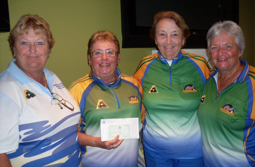 TRIPLE THREAT: Greenwell Point women’s president Kim Rudd presents the invitation triples winners Jan Rolph, D. Herbertson and C. Gillard from Merrylands Bowling Club with their certificate. 