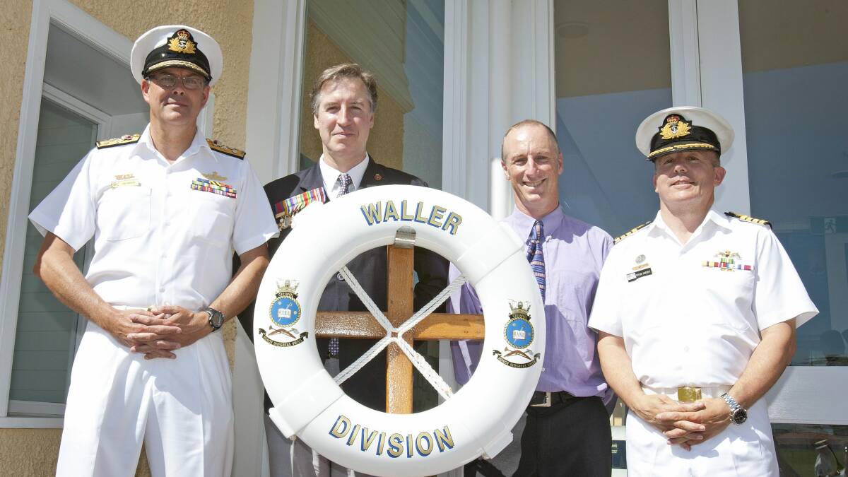 NEW TRADITION: Chief of Navy Vice Admiral Ray Griggs at the renaming of divisions at HMAS Creswell with descendants of Captain Hector Waller, David Waller, Rob Waller with the Commanding Officer of HMAS Creswell Captain Steven Hussey.	Photo: YURI RAMSEY