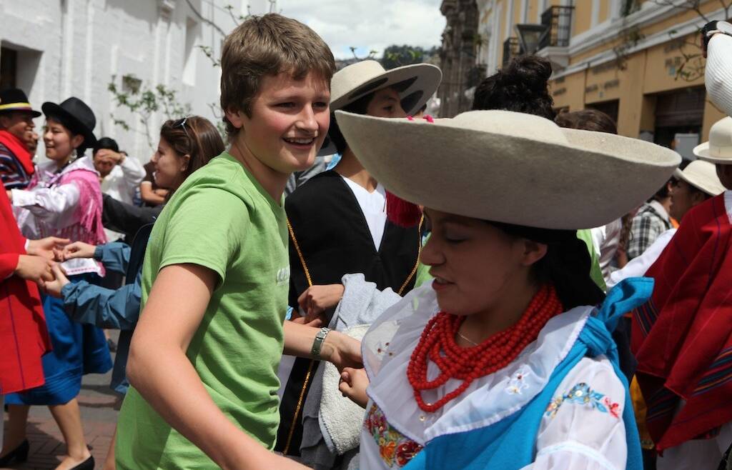 WORLDLY: Wattamolla THINK Global School student Cameron Leslie dances in the streets of Quito, the capital of Ecuador.