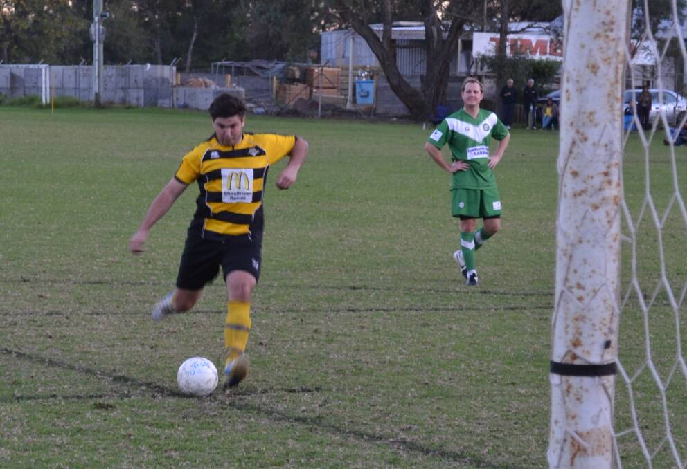 NO MISTAKE: Blake Munilla made no mistake when he took a penalty, scoring Bomaderry’s second goal in their 4-nil rout of Huskisson on Saturday. 	Photo: SIMON BROWN.
