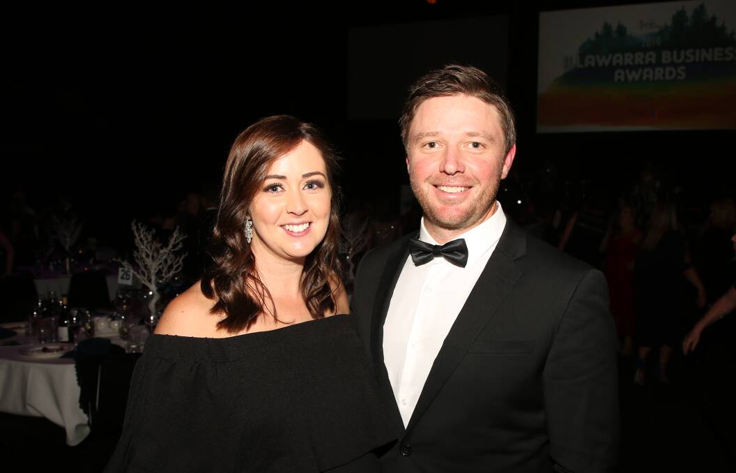 Night to remember: Kylie and Matt Radnidge after Symbio Wildlife Park was named Illawarra Business of the Year at the 2019 IMB Bank Illawarra Business Awards. Picture: Greg Ellis.
