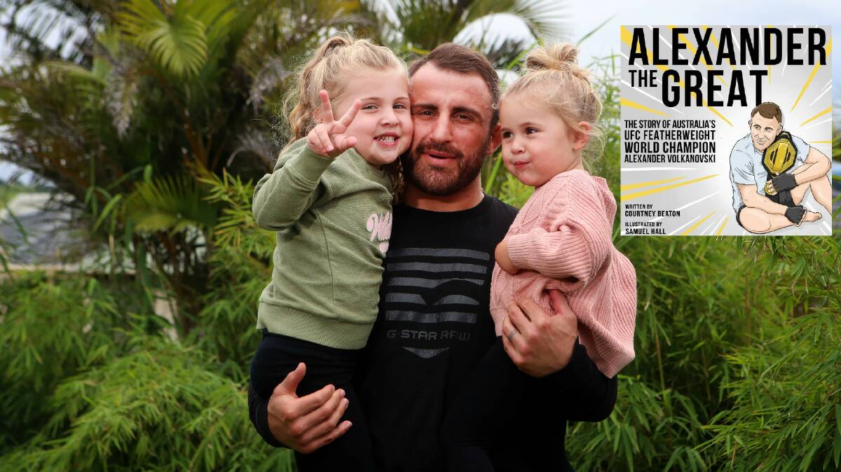 Alex Volkanovski with Ariana and Airlie in April and the cover of his new children's book. Photo: Sylvia Liber.