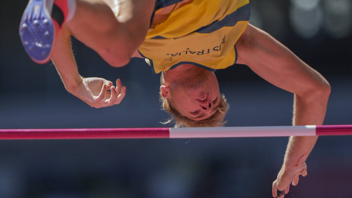 Clearing the bar: Ash Moloney in the high jump, on his way to a decathlon bronze medal at the Tokyo Olympics. Photo: AAP