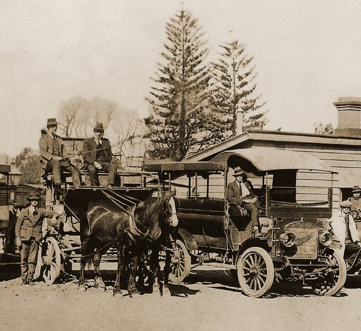 Horsepower: Coachmen at the Bomaderry Railway Station. Photo: Shoalhaven Historical Society.