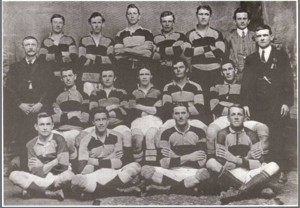 Nowra Warriors Premiers in 1913. (Front to back) H O'Connel, D Dugeon, G Borrowdale, W McNair, L Brown, R Hyam, F O'Brian, B Barrow, J Mison, P West, M Bice, E Mison, J Wilson, L Weigand. Managers W Gardiner and a Braithwaite. 