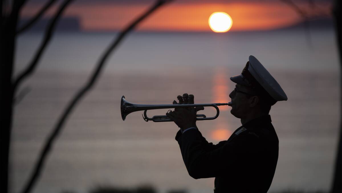 PIC OF THE DAY: Royal Australian Navy Midshipman Roderick Davitt, sounds the Last Post during the 2019 Dawn Service held at HMAS Creswell. Photo: Nicole Dorrett