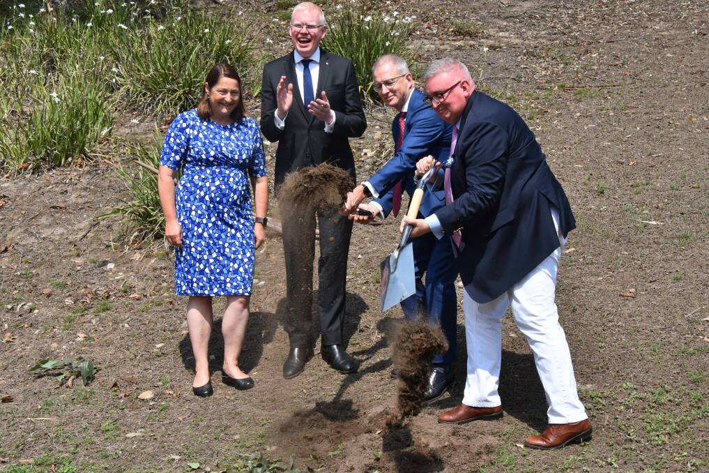 Gilmore MP Fiona Phillips, Kiama MP Gareth Ward, Federal Arts Minister Paul Fletcher and NSW Minister for the Arts Don Harwin turn the first sod.