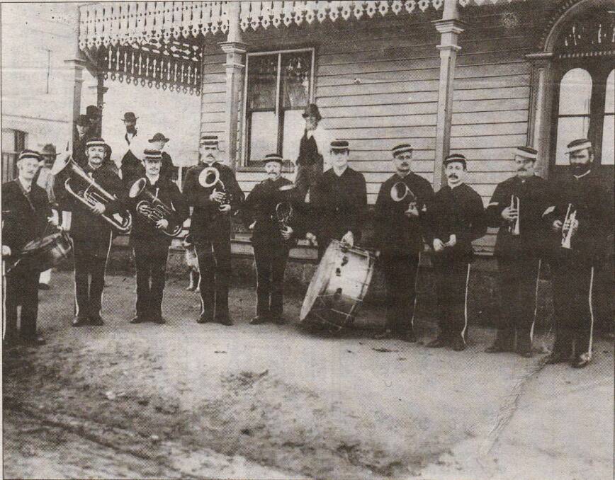 The oldest surviving photo of the Nowra Town Band from the 1880s. Bandsmen F. Rogers, R. Brown, M. Linkenbagh, F. Taylor, J. Brooks, T. Linkenbagh, G. Millwood, J. Lawrence, W. Linkenbagh and G. Schadel. 
