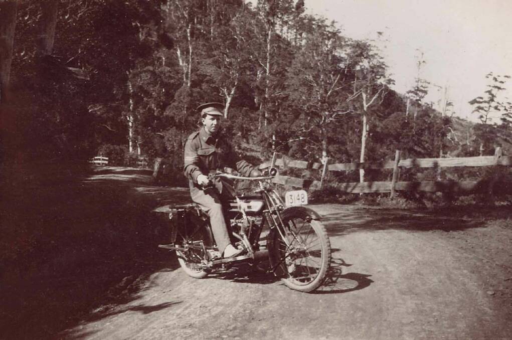 Lawrie Anderson on his motorcycle on Cambewarra Mountain in 1915. Photo: Peter Walsh.