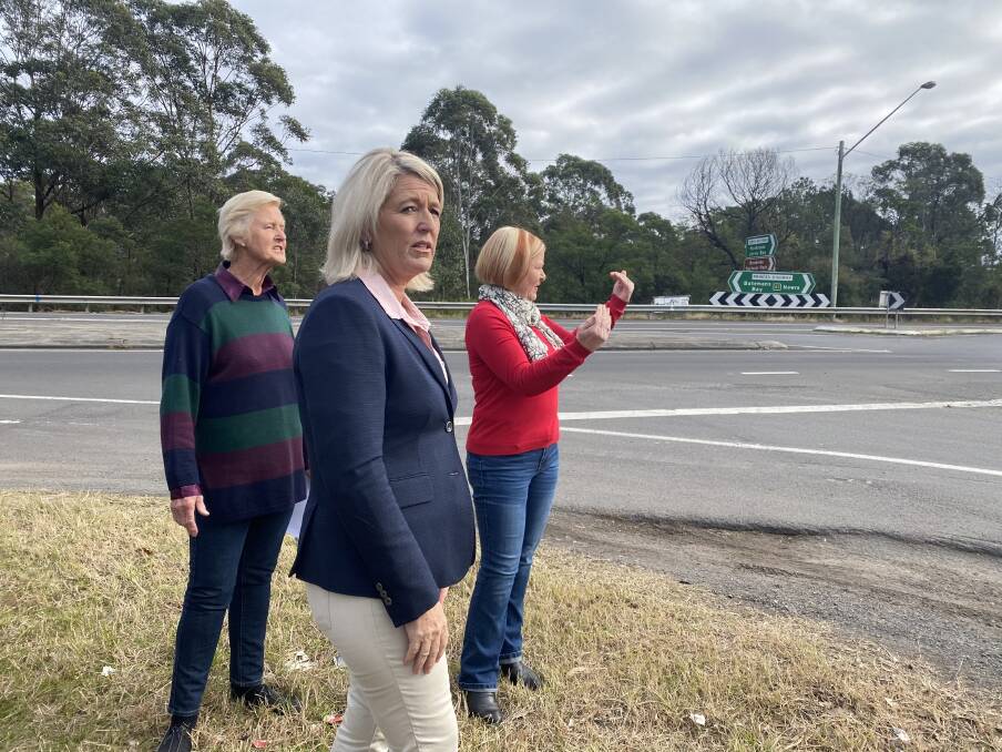 Highway call: Vincentia Matters' Liz Tooley, NSW Deputy Labor leader Yasmin Catley and Councillor Annette Alldrick at the Jervis Bay Road and Princes Highway intersection. 
