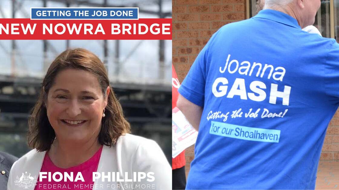 Left: Fiona Phillips uses the well-known slogan of Joanna Gash on a post about the new Nowra Bridge. Right: A campaigner for Joanna Gash during the 2016 Shoalhaven Council elections with Gash's 'Getting the job done' phrase. 
