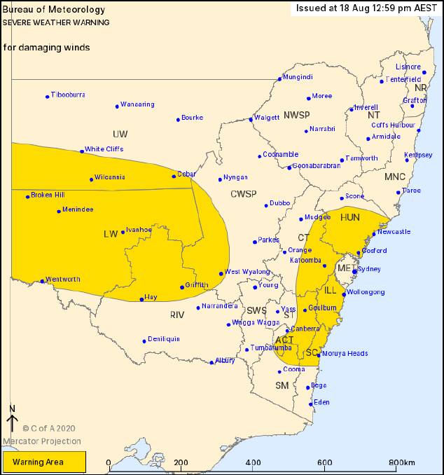 Bright yellow areas show where damaging winds are expected on Wednesday. Photo: Bureau of Meteorology.