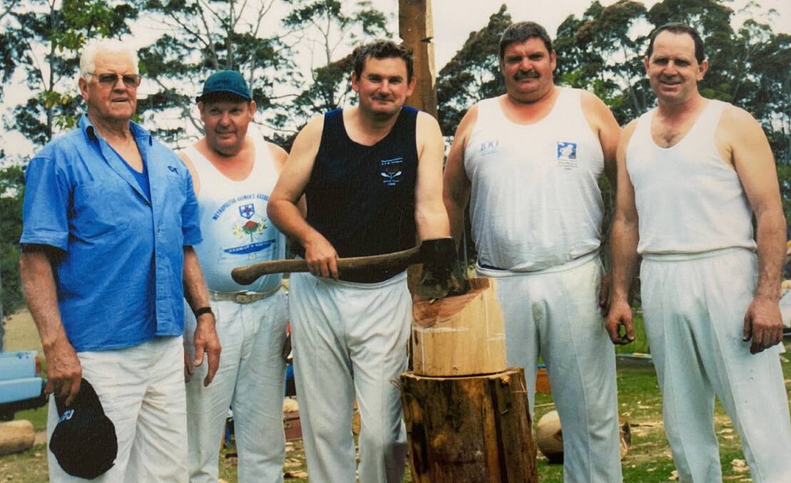 Tomerong axemen Alf Payne, Ken Barham, Lindsay Parnell, Gus Barham and Ron McKinnon at the Tomerong Public Scool fete in the early 1990s. 