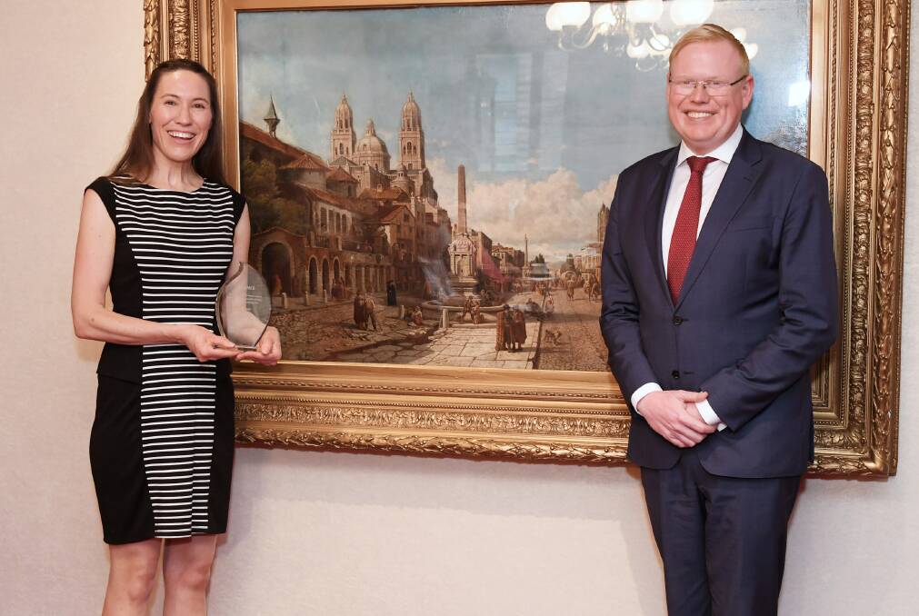 Award winner Kate Child with Minister for Families and Community Services Gareth Ward. Photo: supplied. 