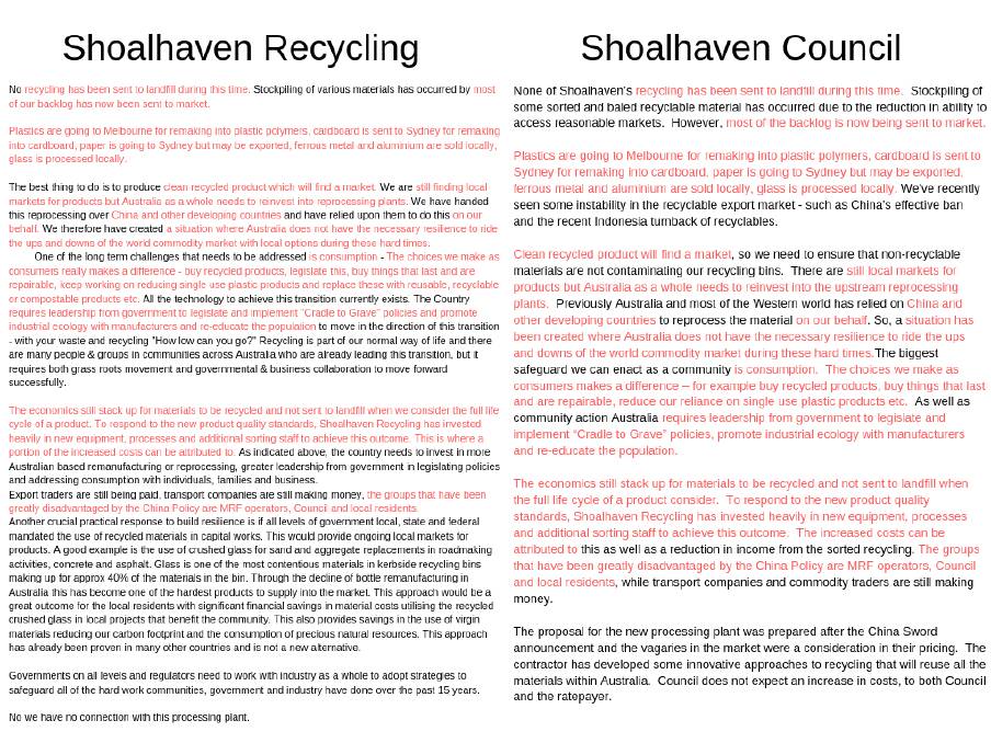 Red text highlighting where the responses sent from Shoalhaven Recycling and Shoalhaven City Council were identical when we first approached them with questions about recycling. 