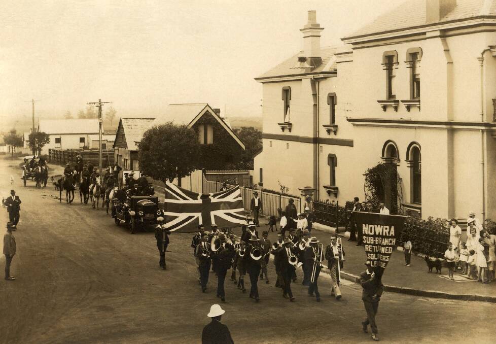 Nowra Sub-Branch Returned Solders League march along the streets of Nowra behind the Nowra Town Band in 1921. 